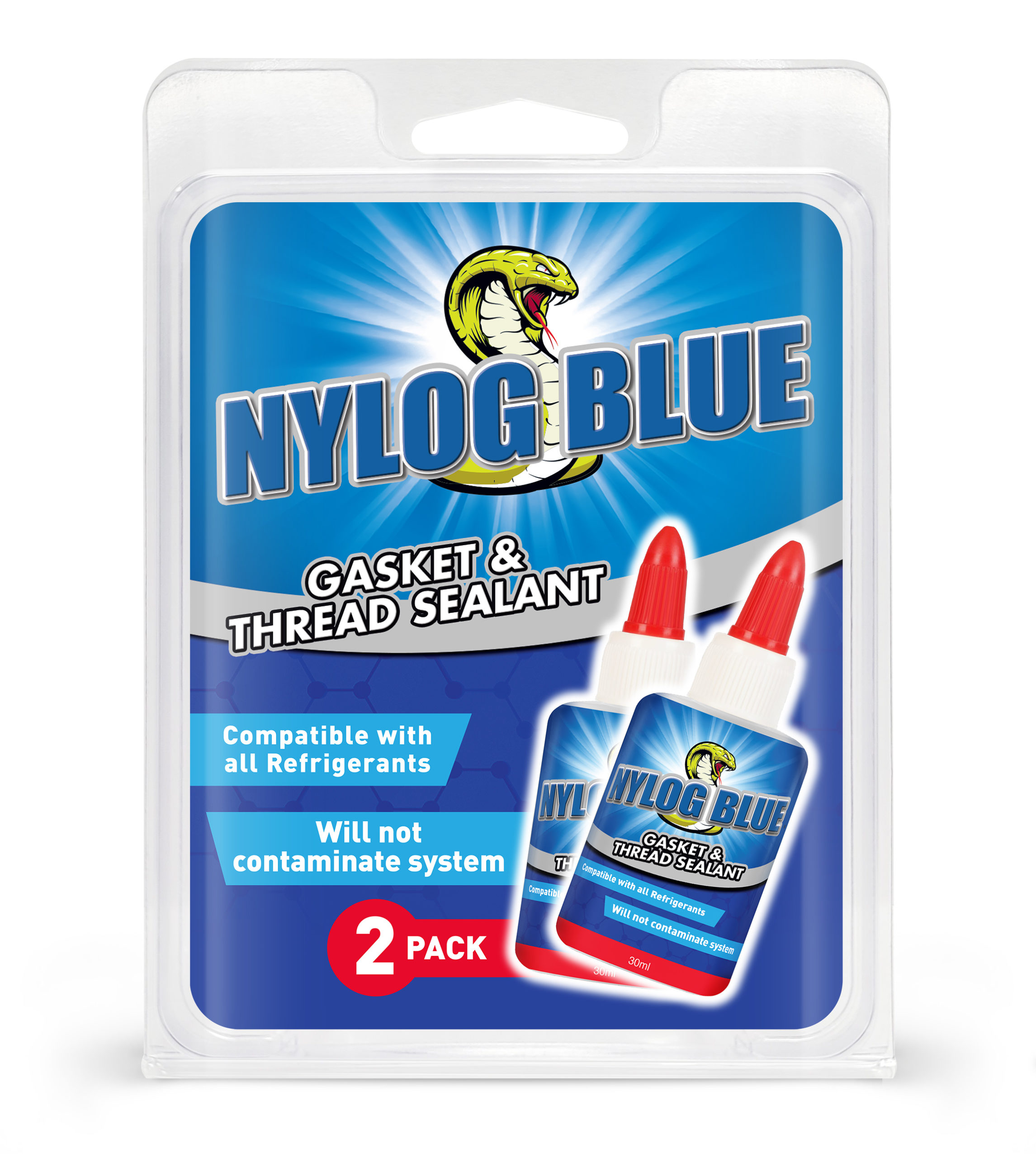 Refrigeration Technologies Nylog Blue Sızdırmazlık Sıvısı 2 × 30 ml — Üreticinin iki şişeli ambalaj görseli
